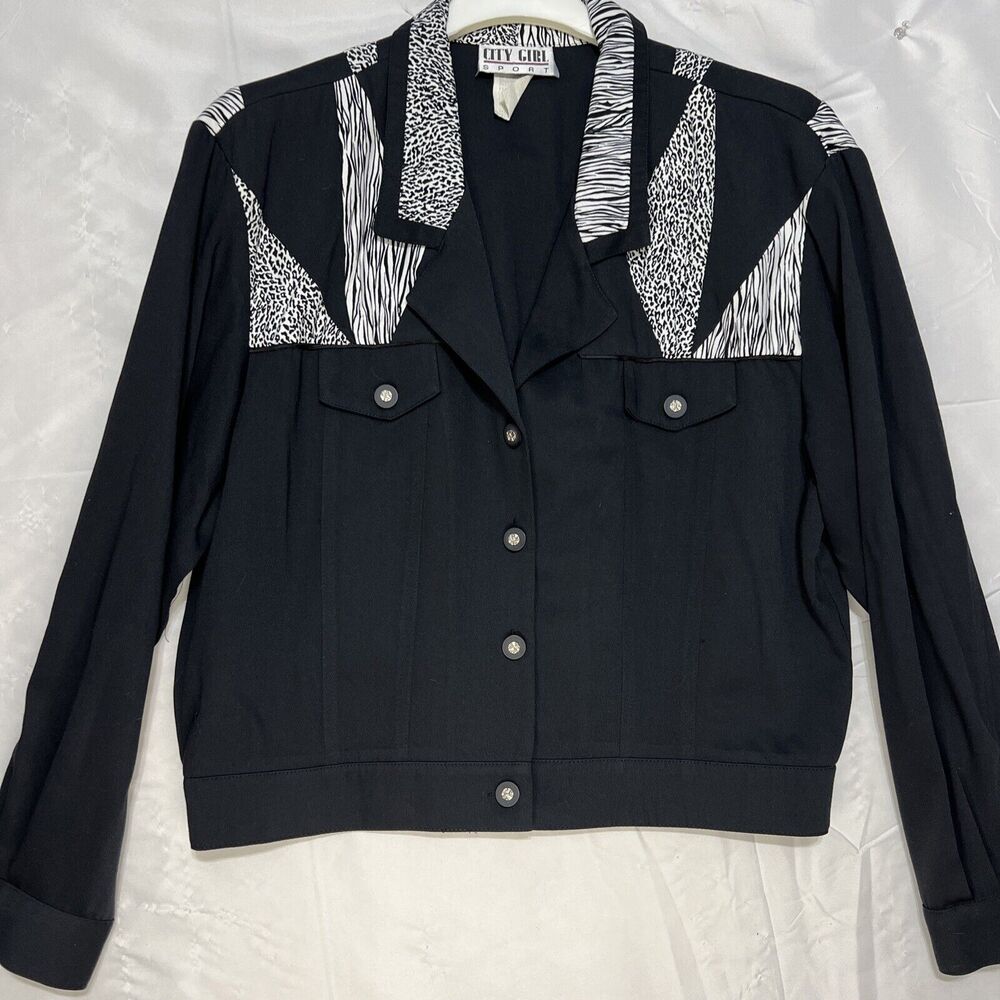 City Girl Sport Vintage 80s/90s Jacket Animal Zebra Cheetah Black Funky Size L